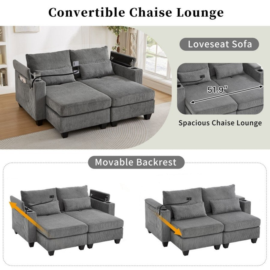 63 Corduroy Convertible Loveseat Sofa Bed with USB Ports, Two Cup Holders, A Phone Holder for Living Room