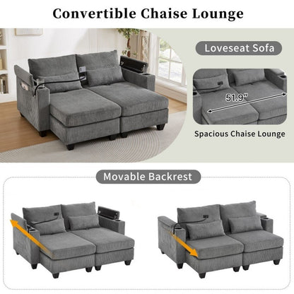 63 Corduroy Convertible Loveseat Sofa Bed with USB Ports, Two Cup Holders, A Phone Holder for Living Room