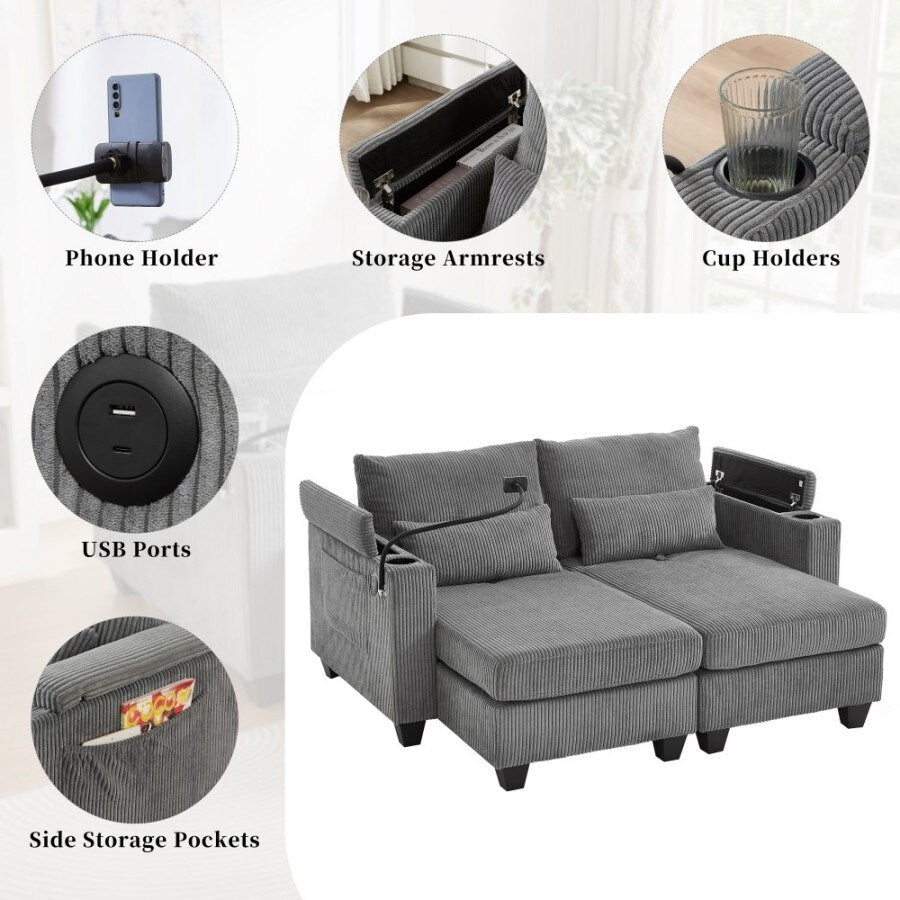 63 Corduroy Convertible Loveseat Sofa Bed with USB Ports, Two Cup Holders, A Phone Holder for Living Room