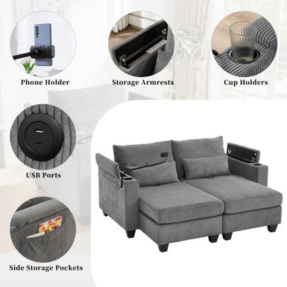 63 Corduroy Convertible Loveseat Sofa Bed with USB Ports, Two Cup Holders, A Phone Holder for Living Room