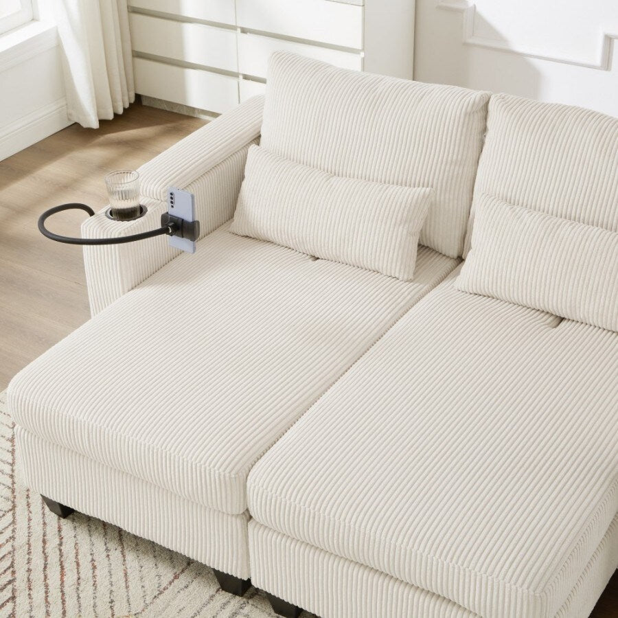 63 Corduroy Convertible Loveseat Sofa Bed with USB Ports, Two Cup Holders, A Phone Holder for Living Room