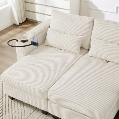 63 Corduroy Convertible Loveseat Sofa Bed with USB Ports, Two Cup Holders, A Phone Holder for Living Room