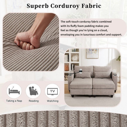 63 Corduroy Convertible Loveseat Sofa Bed with USB Ports, Two Cup Holders, A Phone Holder for Living Room