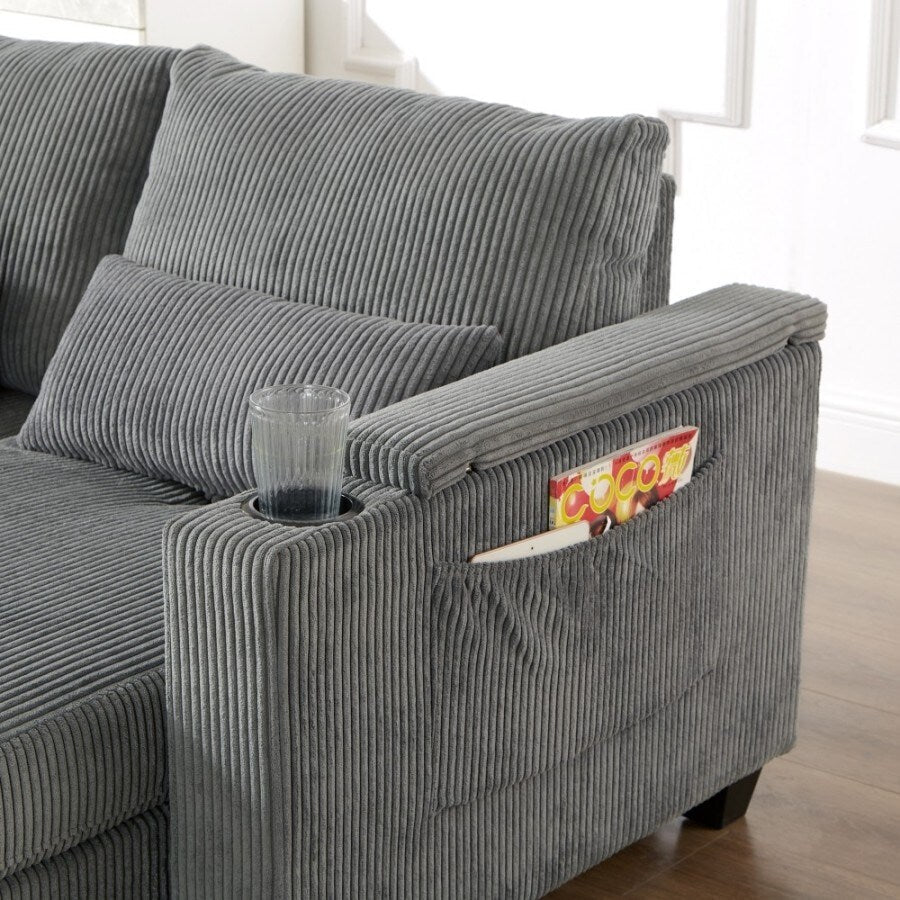 63 Corduroy Convertible Loveseat Sofa Bed with USB Ports, Two Cup Holders, A Phone Holder for Living Room