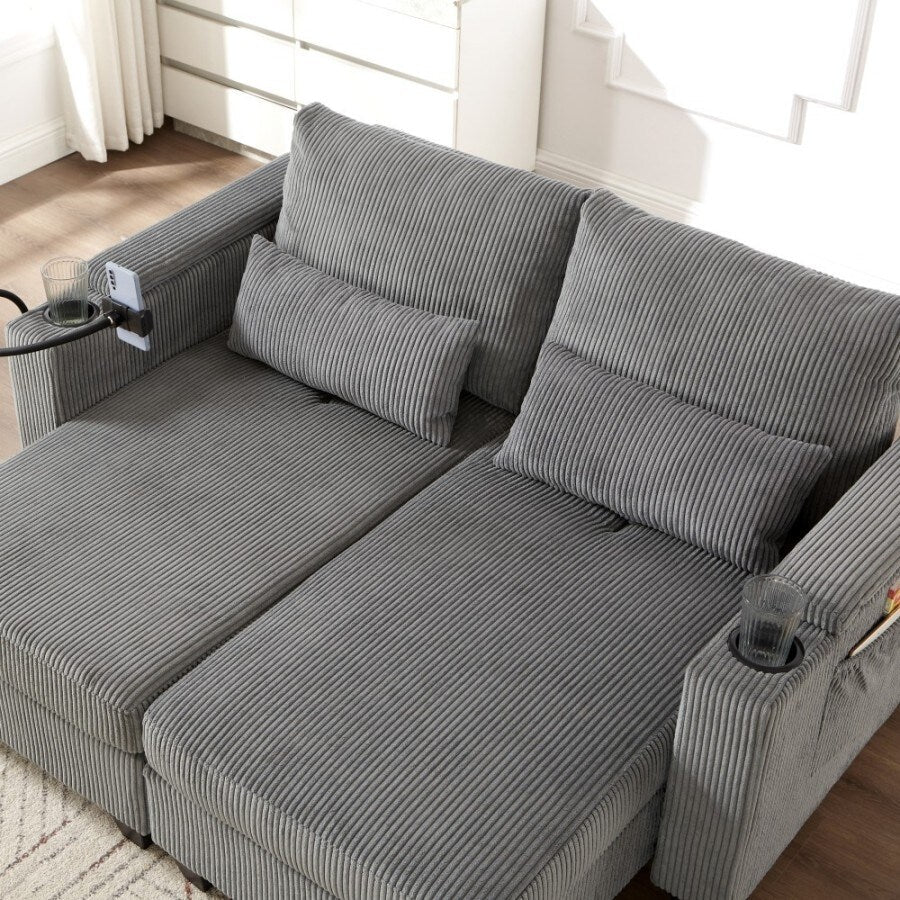 63 Corduroy Convertible Loveseat Sofa Bed with USB Ports, Two Cup Holders, A Phone Holder for Living Room