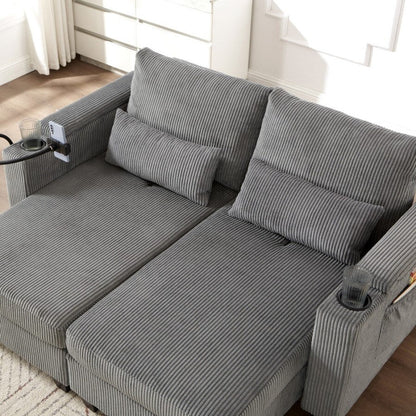 63 Corduroy Convertible Loveseat Sofa Bed with USB Ports, Two Cup Holders, A Phone Holder for Living Room