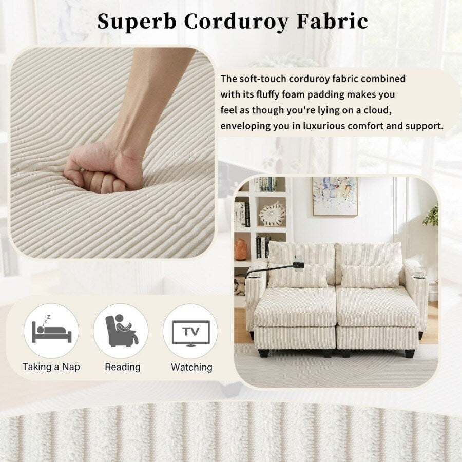 63 Corduroy Convertible Loveseat Sofa Bed with USB Ports, Two Cup Holders, A Phone Holder for Living Room