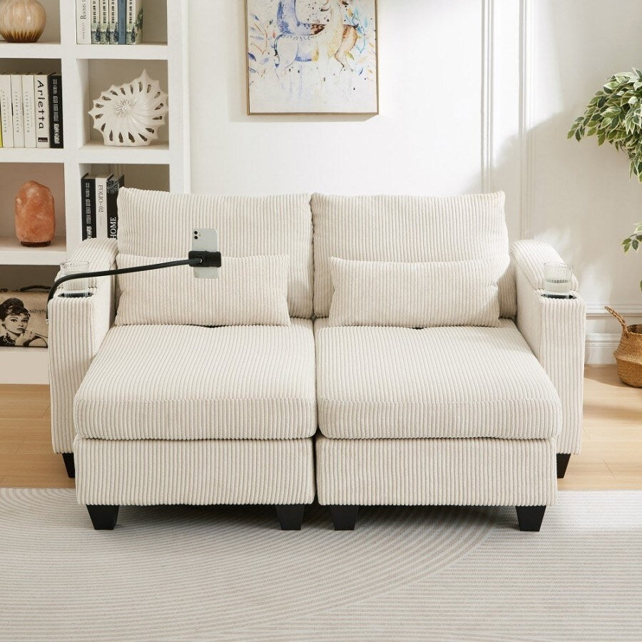 63 Corduroy Convertible Loveseat Sofa Bed with USB Ports, Two Cup Holders, A Phone Holder for Living Room