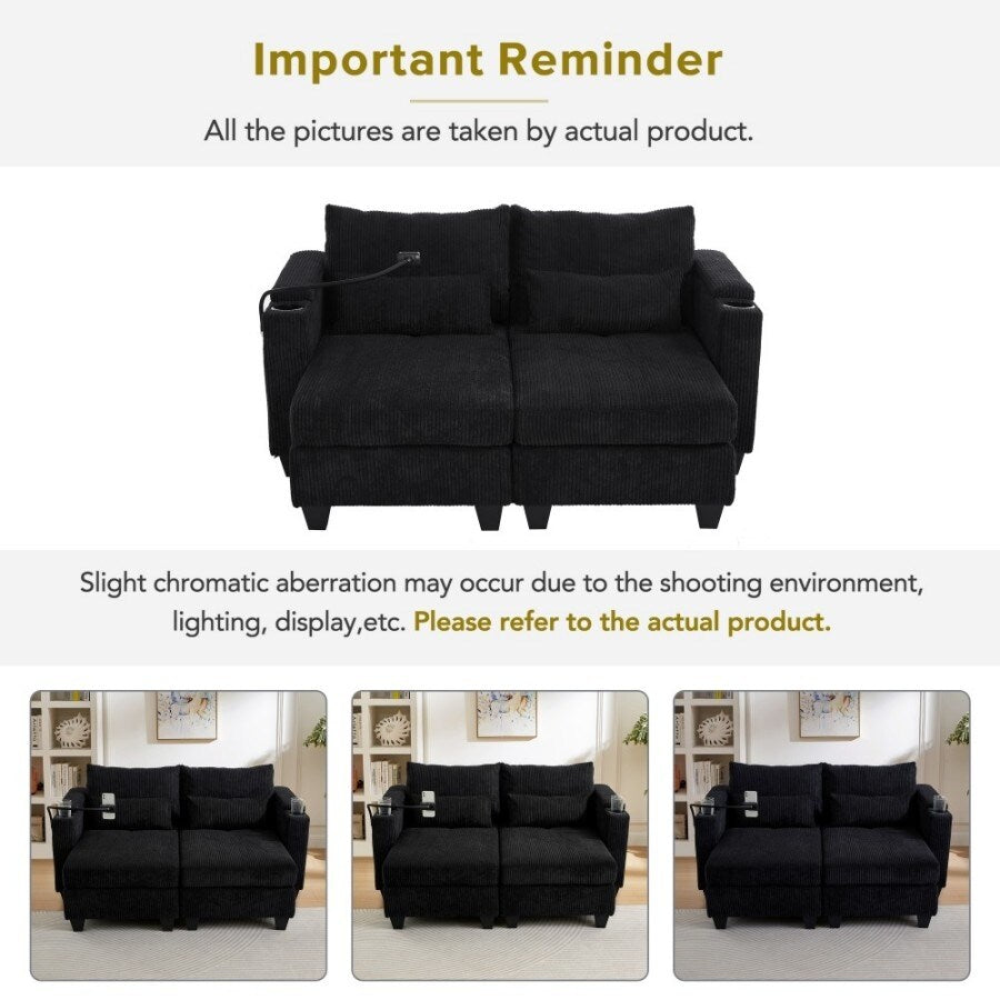 63 Corduroy Convertible Loveseat Sofa Bed with USB Ports, Two Cup Holders, A Phone Holder for Living Room