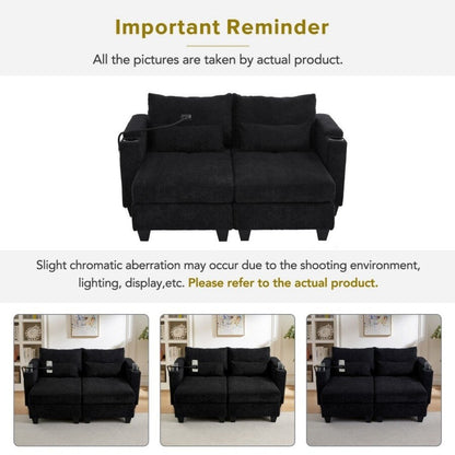 63 Corduroy Convertible Loveseat Sofa Bed with USB Ports, Two Cup Holders, A Phone Holder for Living Room