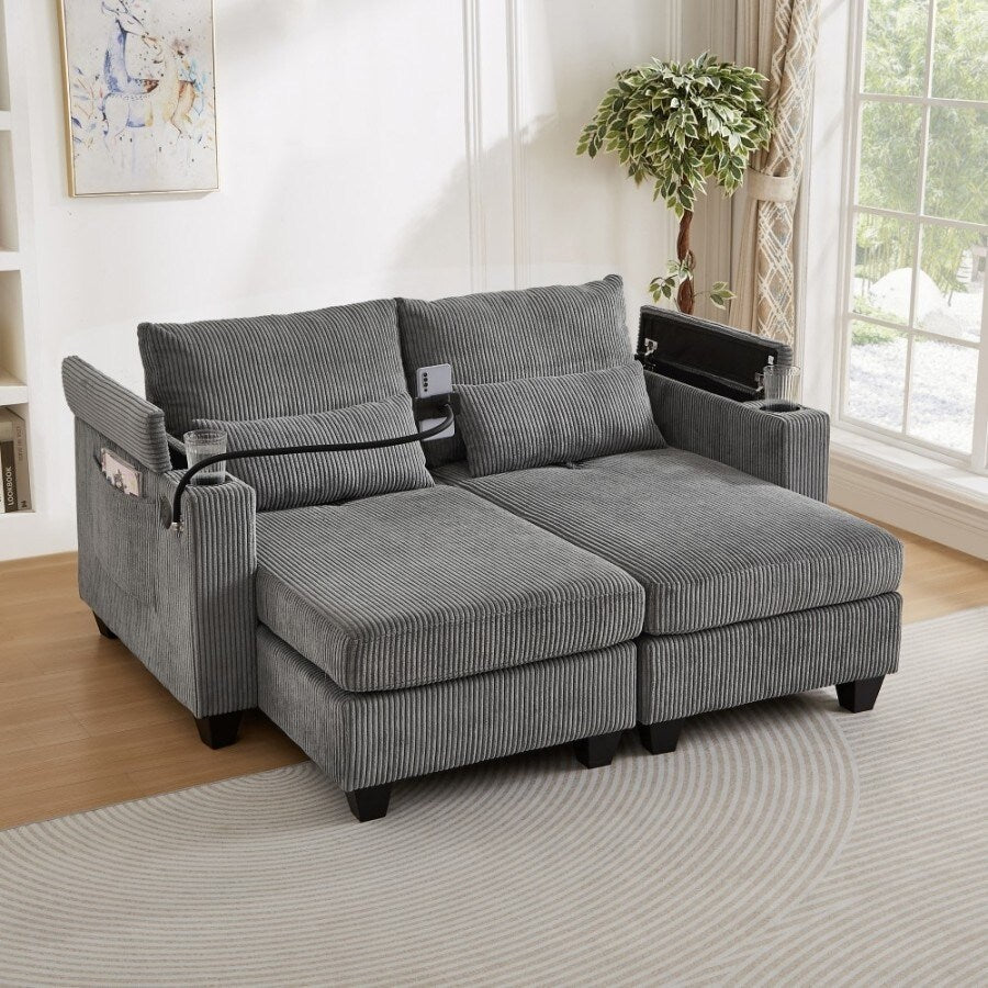 63 Corduroy Convertible Loveseat Sofa Bed with USB Ports, Two Cup Holders, A Phone Holder for Living Room