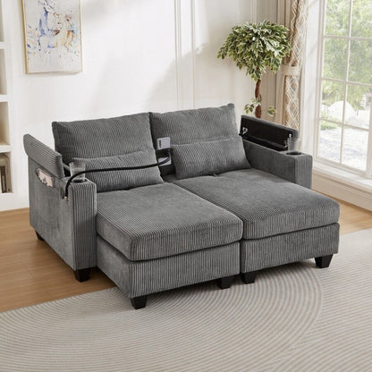 63 Corduroy Convertible Loveseat Sofa Bed with USB Ports, Two Cup Holders, A Phone Holder for Living Room