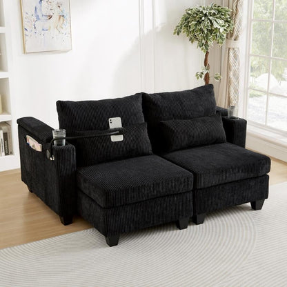 63 Corduroy Convertible Loveseat Sofa Bed with USB Ports, Two Cup Holders, A Phone Holder for Living Room