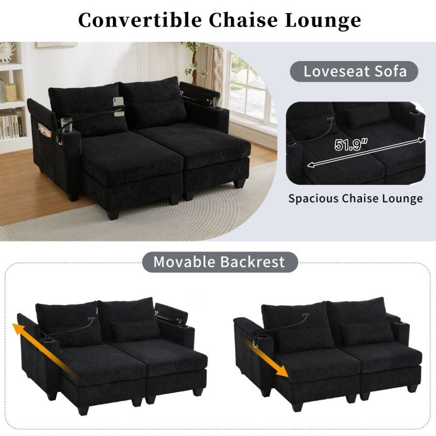 63 Corduroy Convertible Loveseat Sofa Bed with USB Ports, Two Cup Holders, A Phone Holder for Living Room