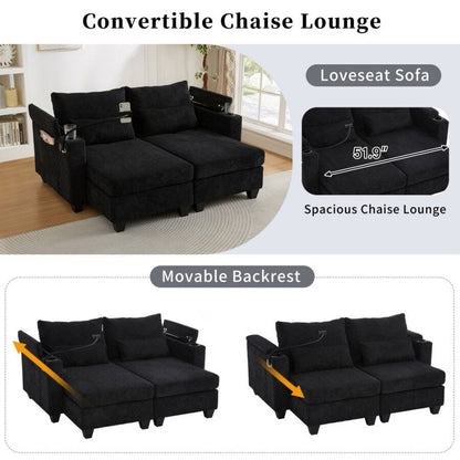63 Corduroy Convertible Loveseat Sofa Bed with USB Ports, Two Cup Holders, A Phone Holder for Living Room