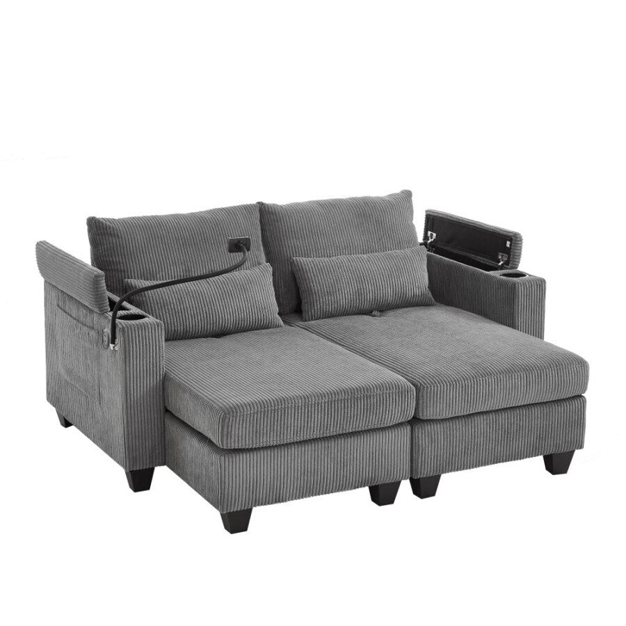 63 Corduroy Convertible Loveseat Sofa Bed with USB Ports, Two Cup Holders, A Phone Holder for Living Room