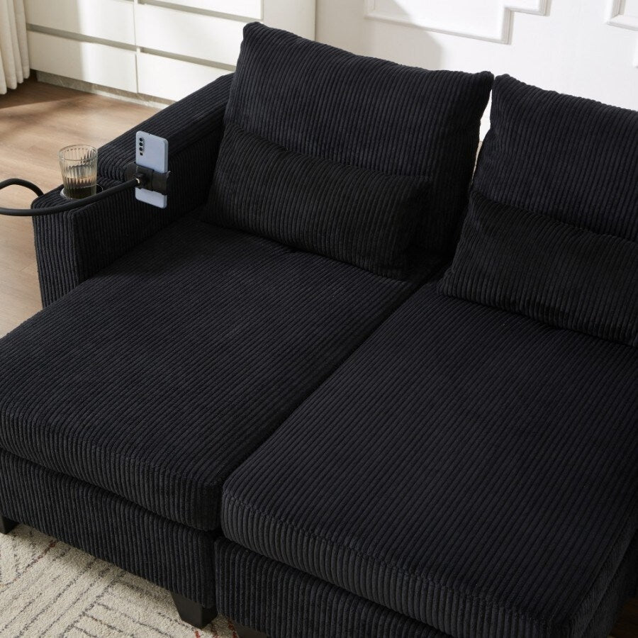 63 Corduroy Convertible Loveseat Sofa Bed with USB Ports, Two Cup Holders, A Phone Holder for Living Room