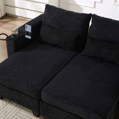63 Corduroy Convertible Loveseat Sofa Bed with USB Ports, Two Cup Holders, A Phone Holder for Living Room