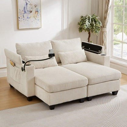 63 Corduroy Convertible Loveseat Sofa Bed with USB Ports, Two Cup Holders, A Phone Holder for Living Room