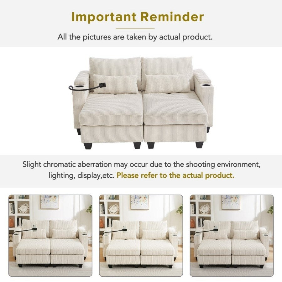 63 Corduroy Convertible Loveseat Sofa Bed with USB Ports, Two Cup Holders, A Phone Holder for Living Room