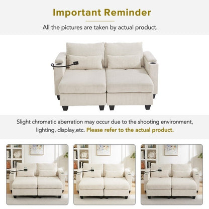 63 Corduroy Convertible Loveseat Sofa Bed with USB Ports, Two Cup Holders, A Phone Holder for Living Room