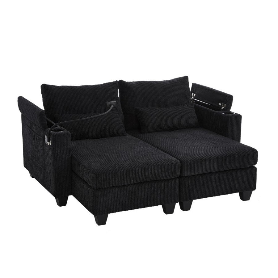 63 Corduroy Convertible Loveseat Sofa Bed with USB Ports, Two Cup Holders, A Phone Holder for Living Room