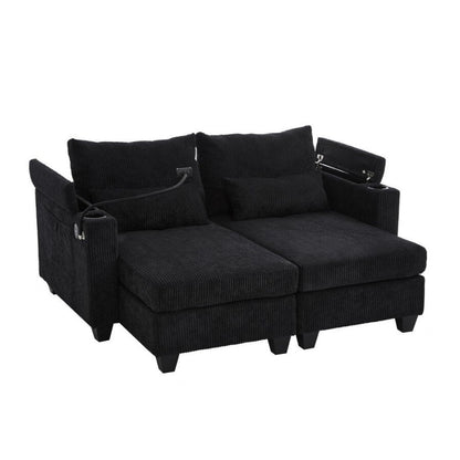 63 Corduroy Convertible Loveseat Sofa Bed with USB Ports, Two Cup Holders, A Phone Holder for Living Room