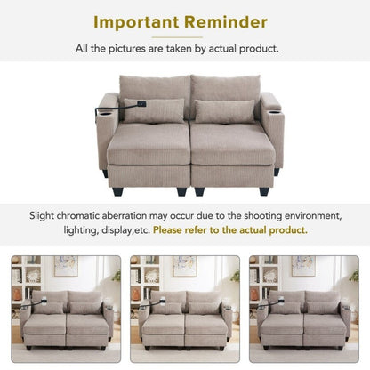63 Corduroy Convertible Loveseat Sofa Bed with USB Ports, Two Cup Holders, A Phone Holder for Living Room