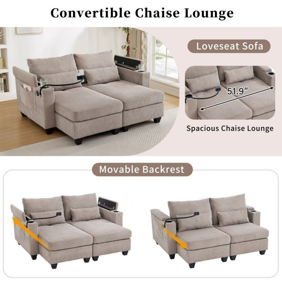 63 Corduroy Convertible Loveseat Sofa Bed with USB Ports, Two Cup Holders, A Phone Holder for Living Room