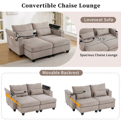 63 Corduroy Convertible Loveseat Sofa Bed with USB Ports, Two Cup Holders, A Phone Holder for Living Room