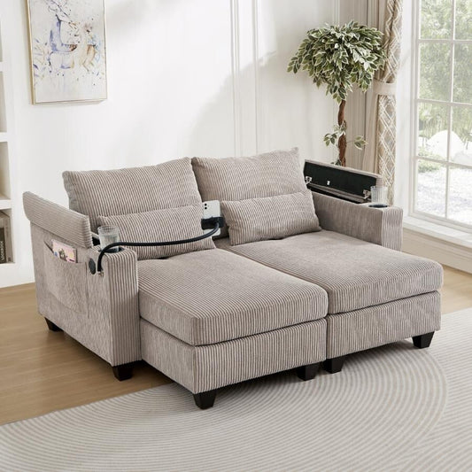 63 Corduroy Convertible Loveseat Sofa Bed with USB Ports, Two Cup Holders, A Phone Holder for Living Room