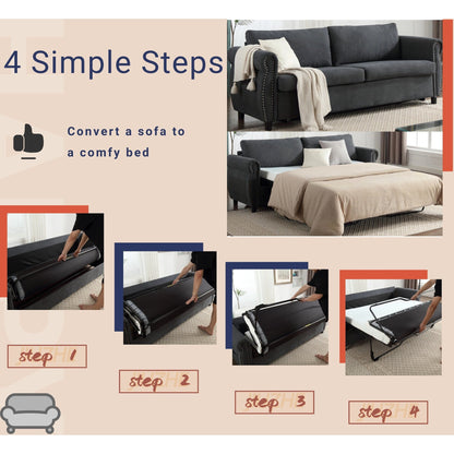 63 Polyester 3-Seater Sleeper Sofa with Pull-Out Mattress and Retro Rivet Armrests