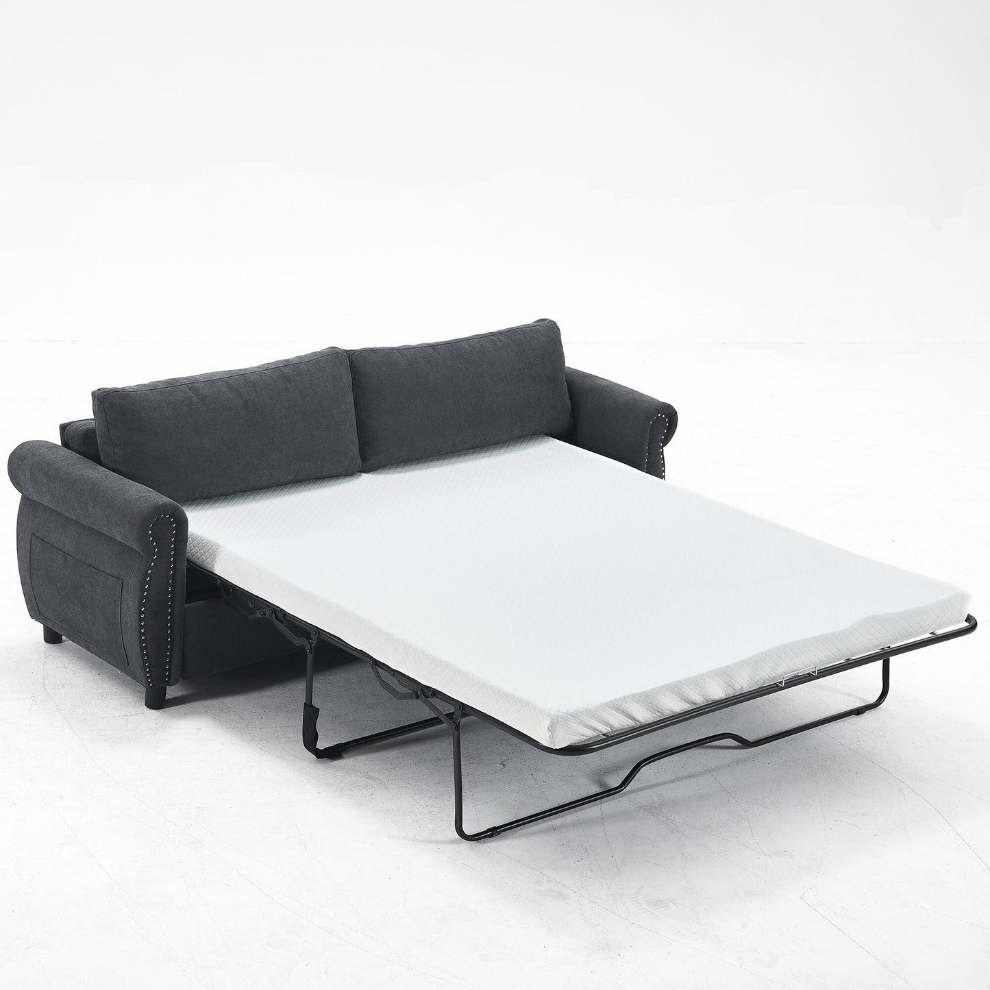 63 Polyester 3-Seater Sleeper Sofa with Pull-Out Mattress and Retro Rivet Armrests