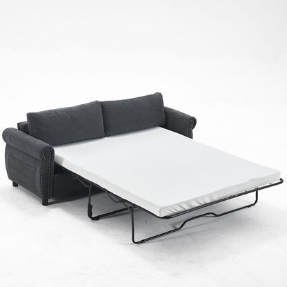 63 Polyester 3-Seater Sleeper Sofa with Pull-Out Mattress and Retro Rivet Armrests