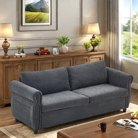 63 Polyester 3-Seater Sleeper Sofa with Pull-Out Mattress and Retro Rivet Armrests