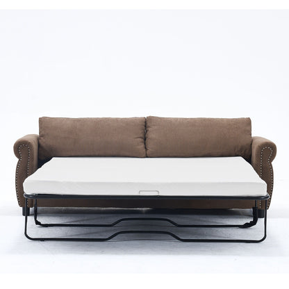63 Polyester 3-Seater Sleeper Sofa with Pull-Out Mattress and Retro Rivet Armrests