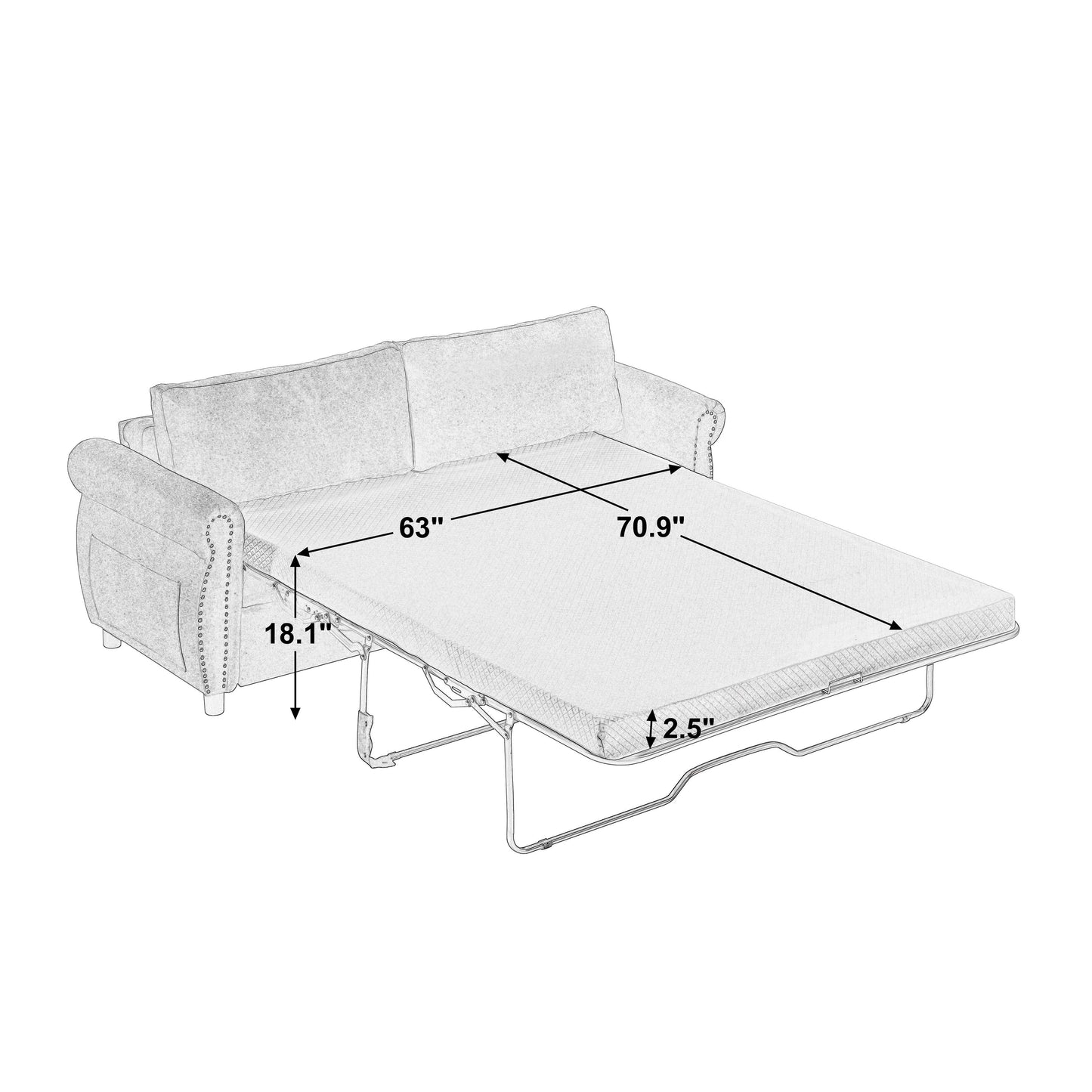 63 Polyester 3-Seater Sleeper Sofa with Pull-Out Mattress and Retro Rivet Armrests