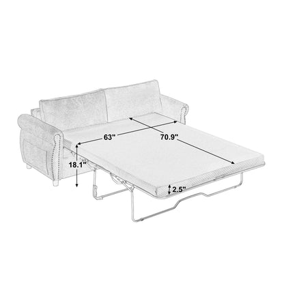 63 Polyester 3-Seater Sleeper Sofa with Pull-Out Mattress and Retro Rivet Armrests