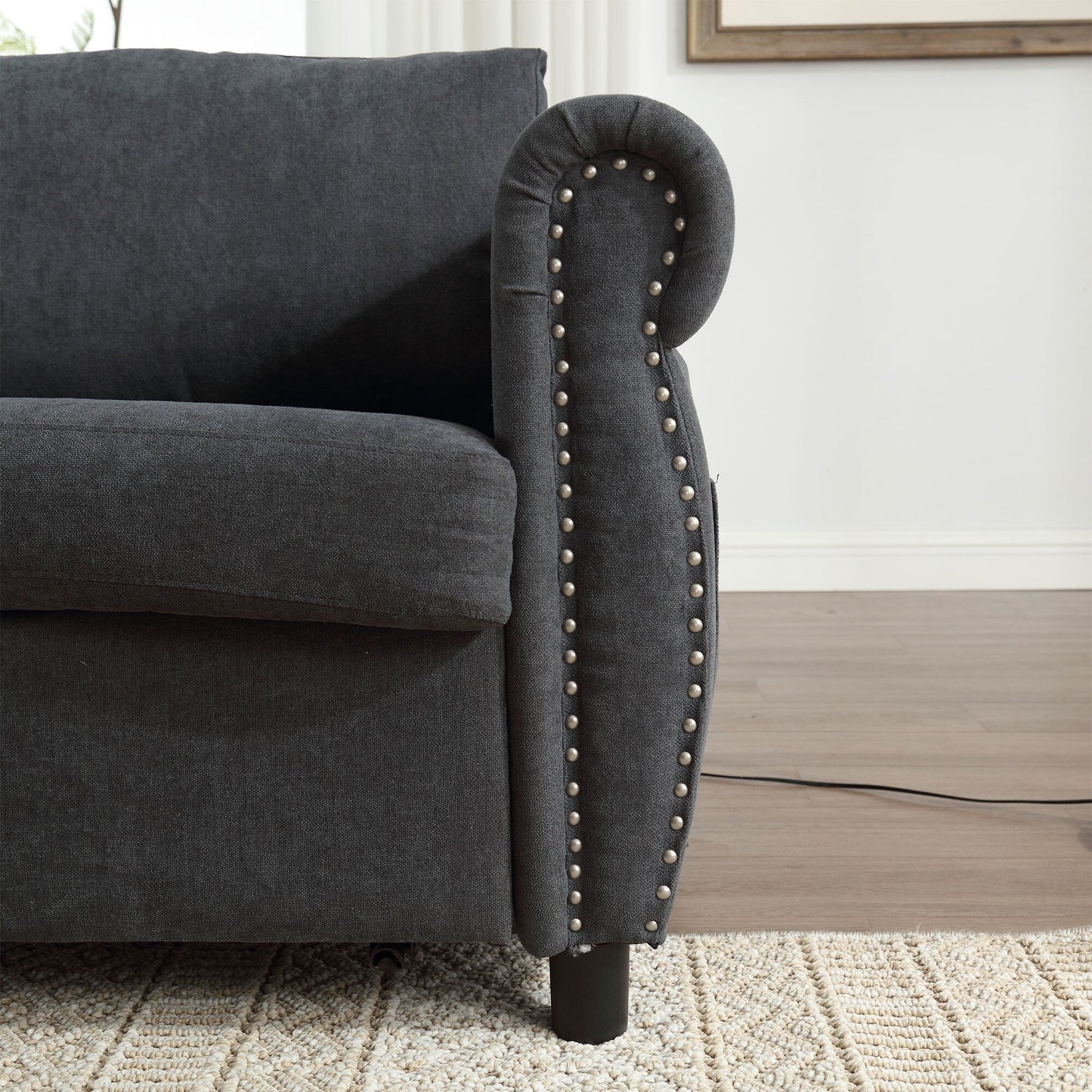 63 Polyester 3-Seater Sleeper Sofa with Pull-Out Mattress and Retro Rivet Armrests