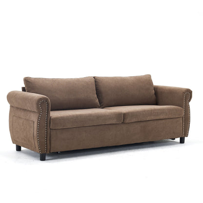 63 Polyester 3-Seater Sleeper Sofa with Pull-Out Mattress and Retro Rivet Armrests