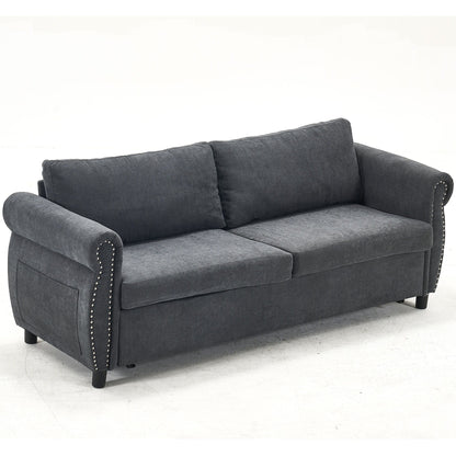 63 Polyester 3-Seater Sleeper Sofa with Pull-Out Mattress and Retro Rivet Armrests