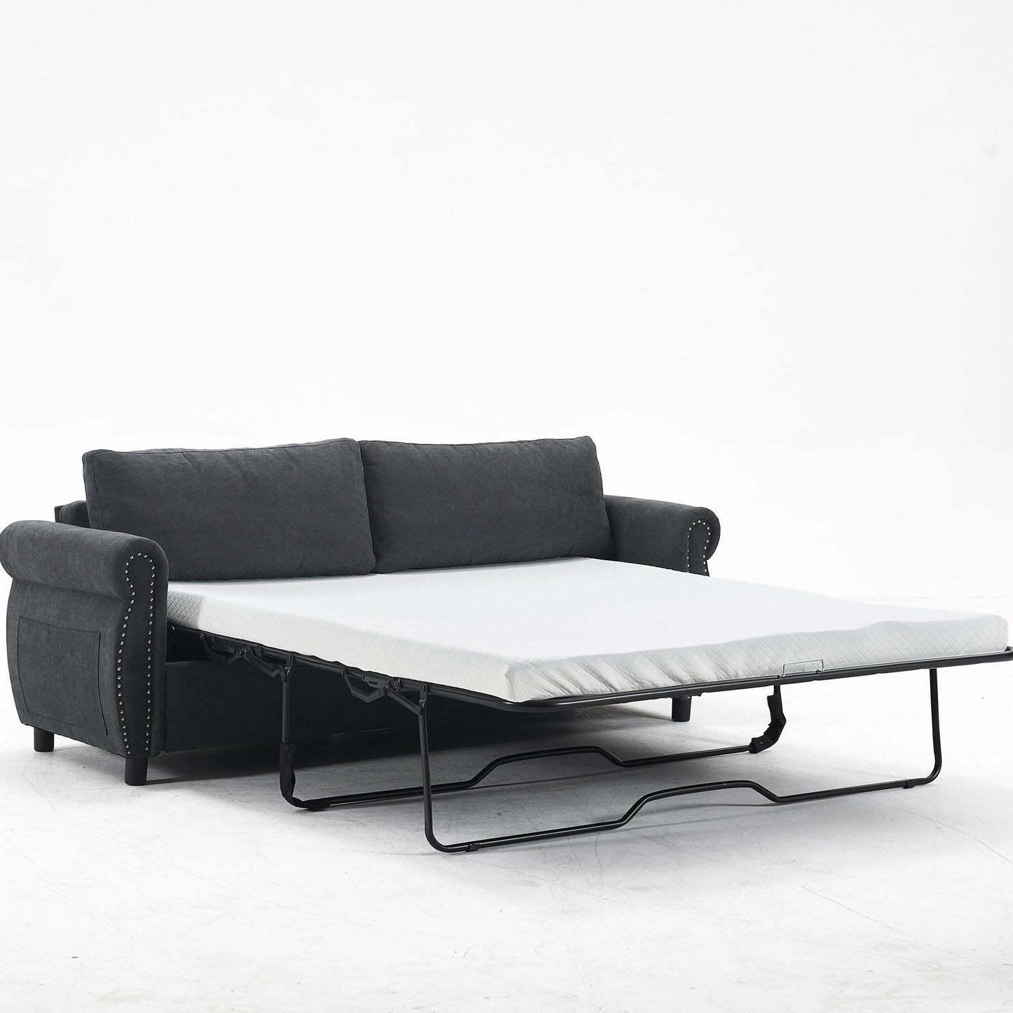 63 Polyester 3-Seater Sleeper Sofa with Pull-Out Mattress and Retro Rivet Armrests