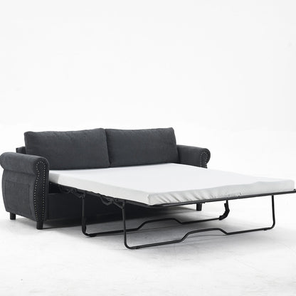 63 Polyester 3-Seater Sleeper Sofa with Pull-Out Mattress and Retro Rivet Armrests