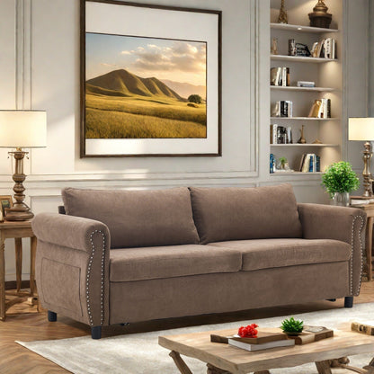 63 Polyester 3-Seater Sleeper Sofa with Pull-Out Mattress and Retro Rivet Armrests