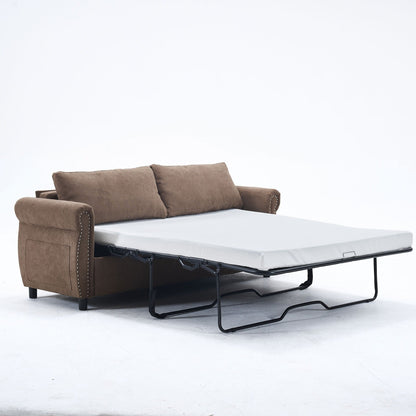 63 Polyester 3-Seater Sleeper Sofa with Pull-Out Mattress and Retro Rivet Armrests
