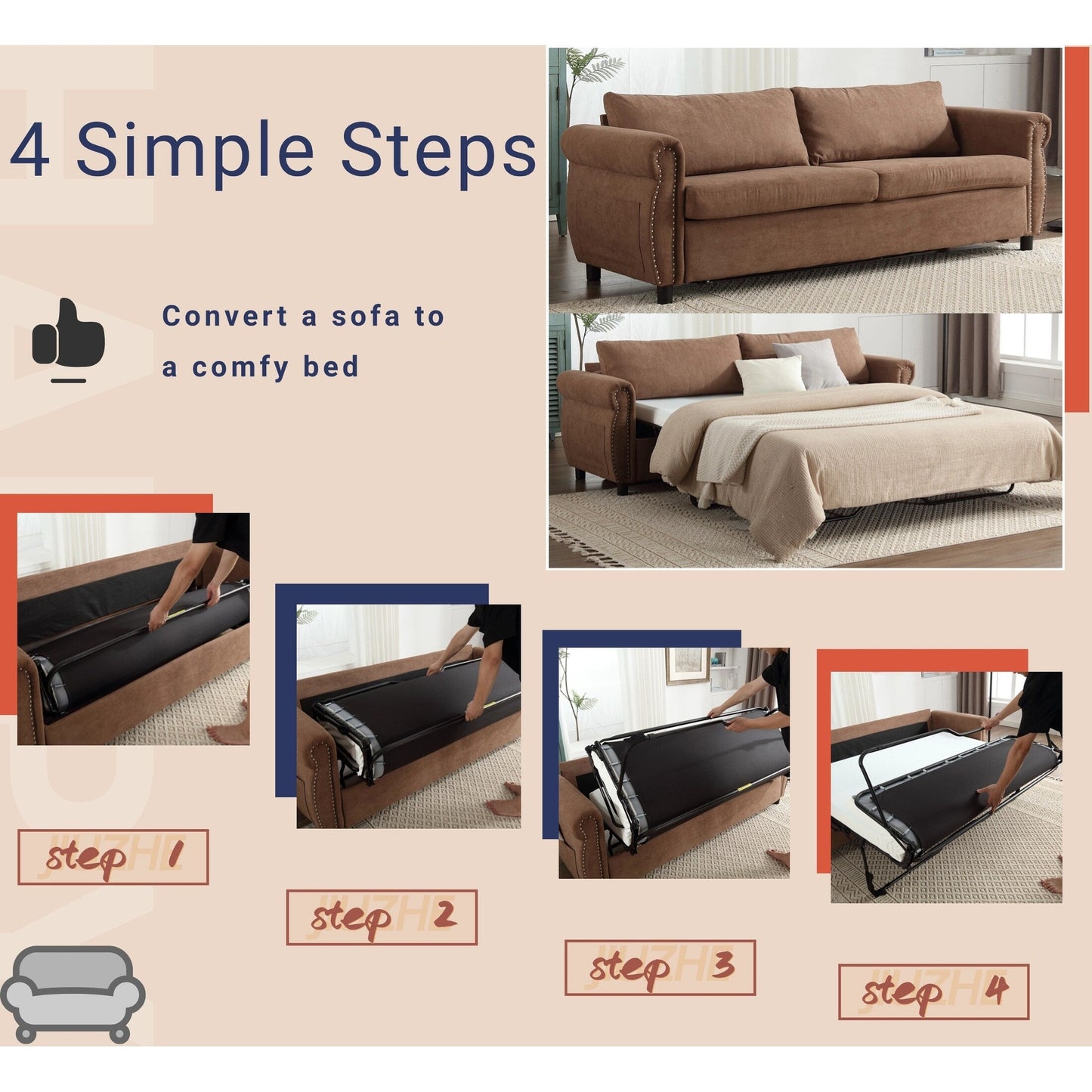63 Polyester 3-Seater Sleeper Sofa with Pull-Out Mattress and Retro Rivet Armrests