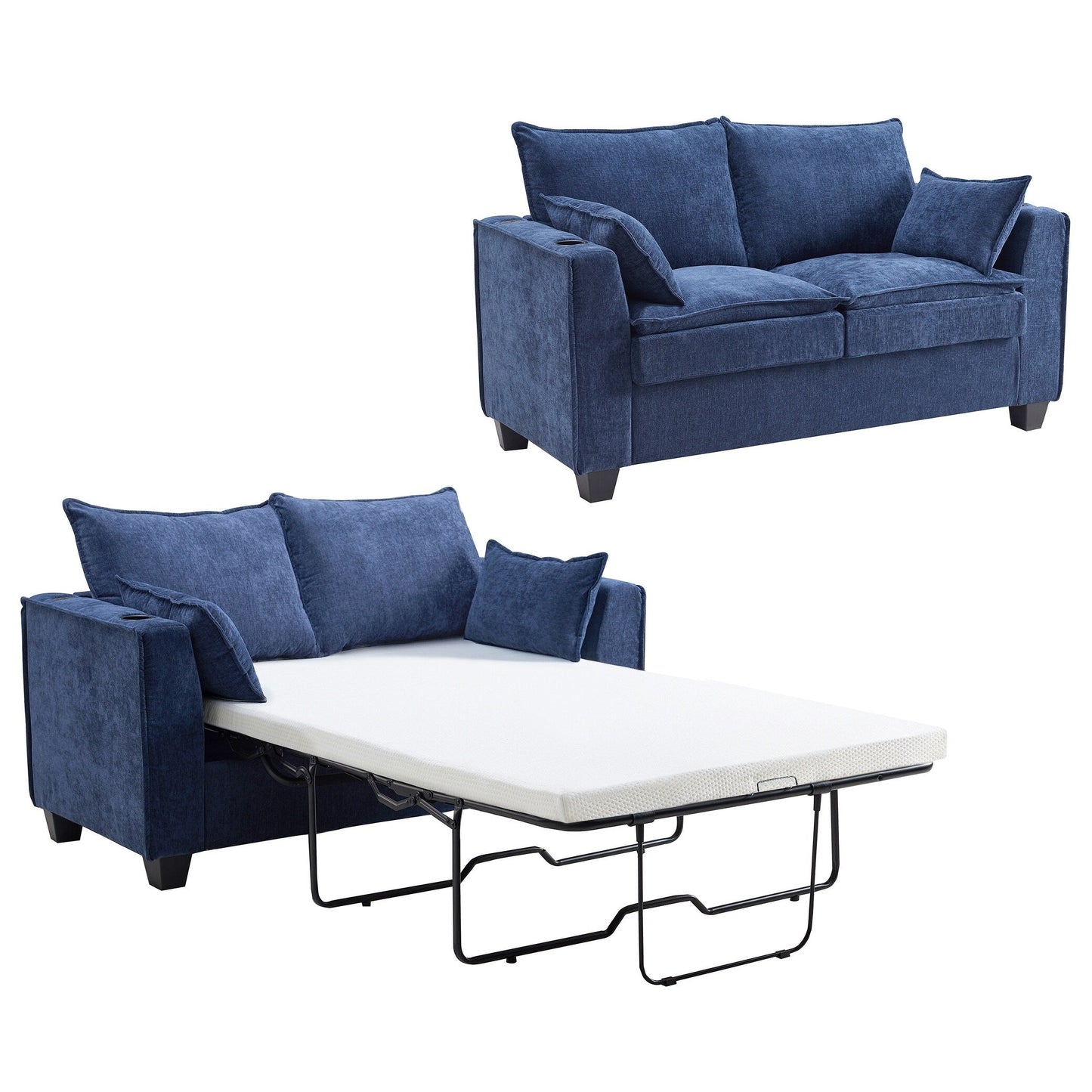 64.9 Chenille 2-Seater Sleeper Sofa with Memory Foam Topper - Solid Wood Slat Bed Frame, 2 Cup Holders