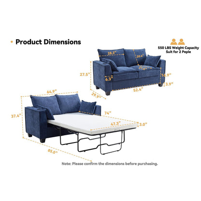 64.9 Chenille 2-Seater Sleeper Sofa with Memory Foam Topper - Solid Wood Slat Bed Frame, 2 Cup Holders