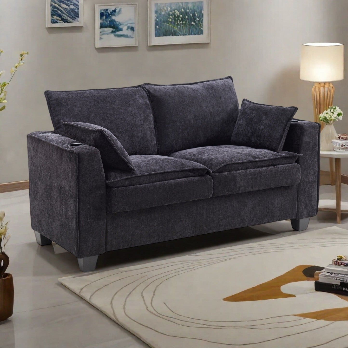 64.9 Chenille 2-Seater Sleeper Sofa with Memory Foam Topper - Solid Wood Slat Bed Frame, 2 Cup Holders