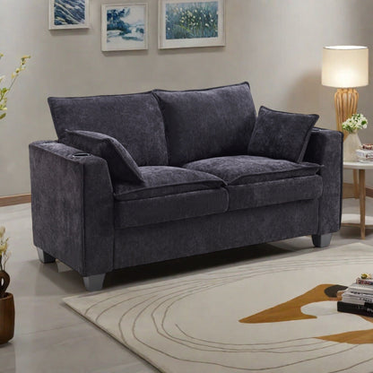 64.9 Chenille 2-Seater Sleeper Sofa with Memory Foam Topper - Solid Wood Slat Bed Frame, 2 Cup Holders